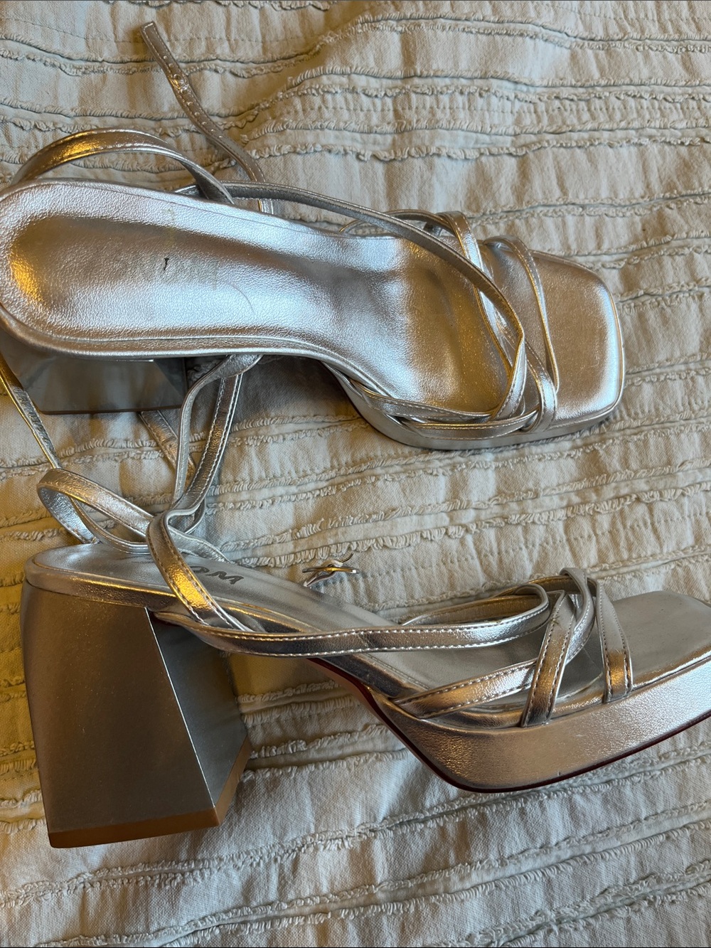 Silver block heel platform handles strappy
